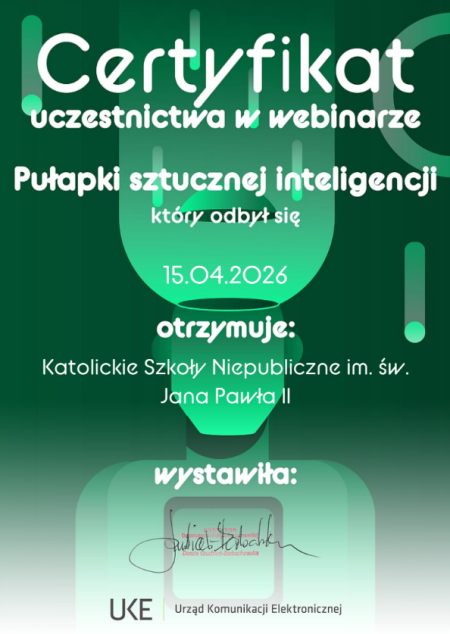 Nasza szkoła z certyfikatem UKE – uczniowie poznali pułapki sztucznej inteligencji